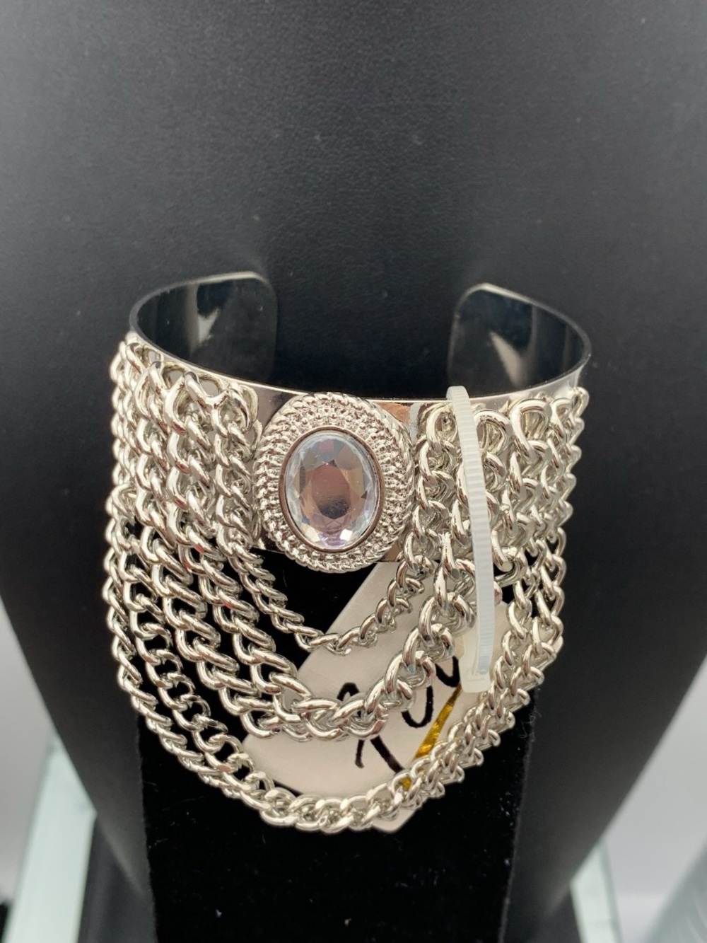 NWT Silver-Tone Chain Fringe Cuff Bracelet with Faceted Stone